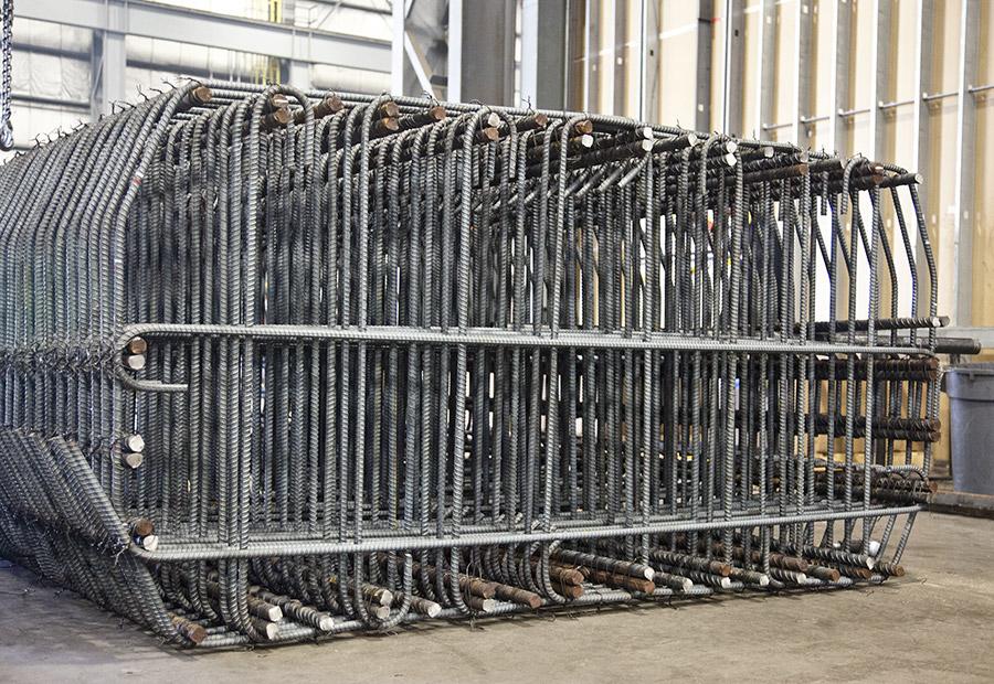 A large prefabricated rebar cage cluster fabricated in the workshop, awaiting transport to the construction site.