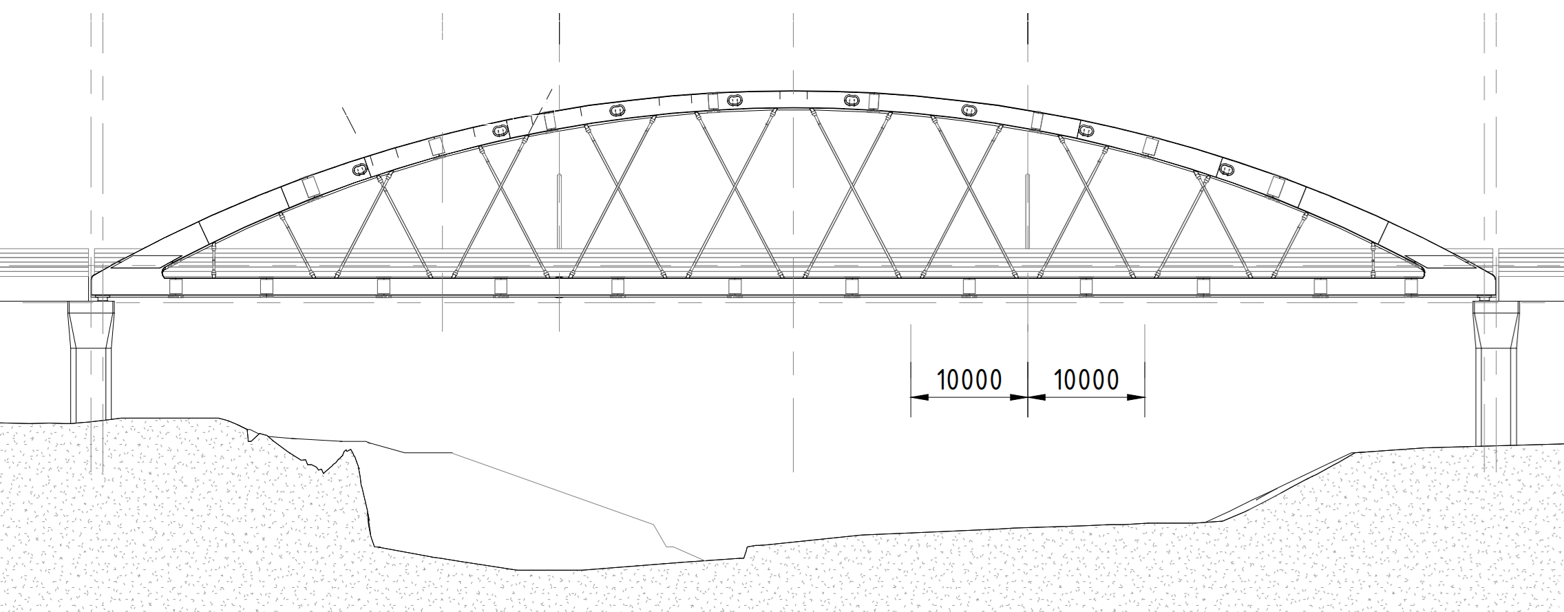 Technical drawing (elevation) of a steel arch bridge.