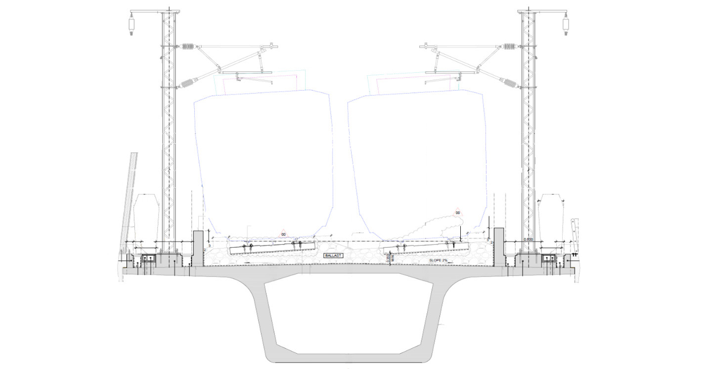 Vertical section of a prestressed reinforced concrete railway bridge.